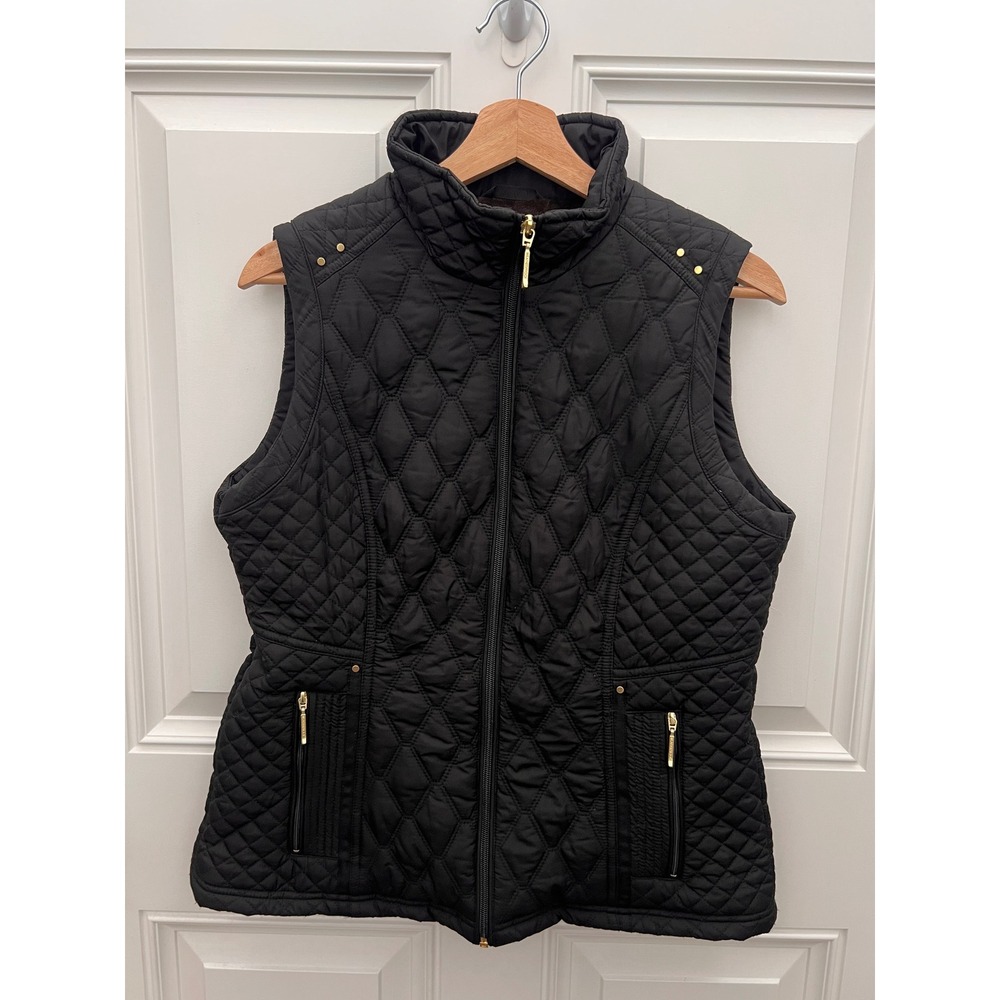 Weatherproof Womens Black Quilted Vest Faux Fur Lined Gold Hardware Size Small